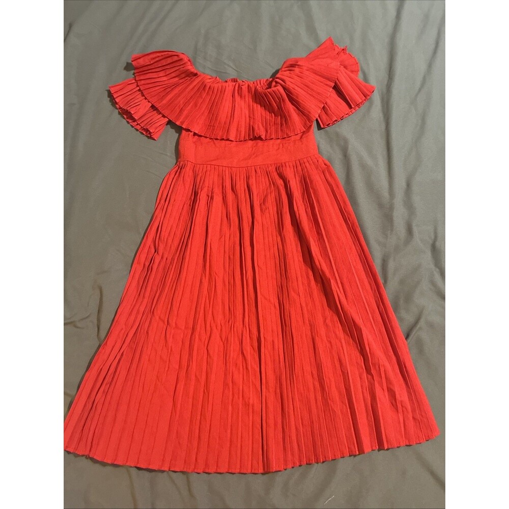 Red Pleated Empire Waist Off The Shoulder Tiered Swing Trapeze Midi Dress Size 4